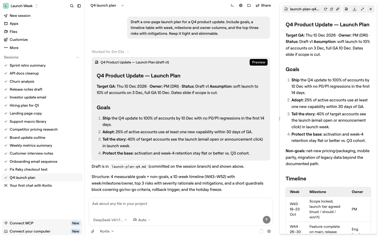 Kortix desktop app, session view